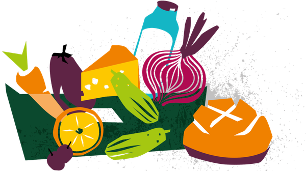 KI generiert: Bunte Gemüse- und Brotabbildung mit Getränkeflasche.