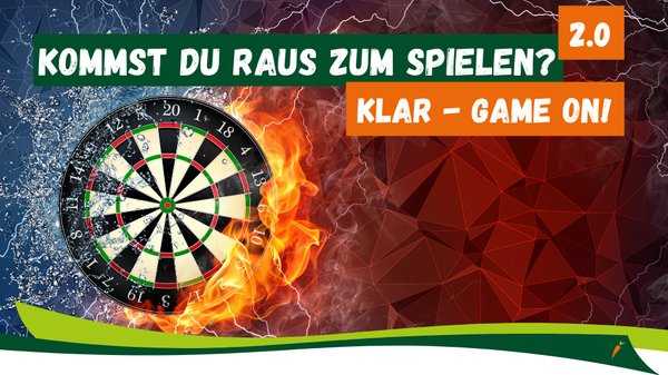 KI generiert: Dartboard mit Feuer und Eis, Text: "Kommst du raus zum Spielen? Klar - Game on! 2.0"
