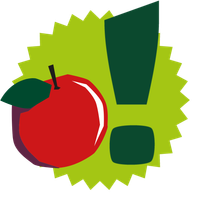 KI generiert: Ein roter Apfel und ein grünes Ausrufezeichen auf einem grünen Hintergrund.