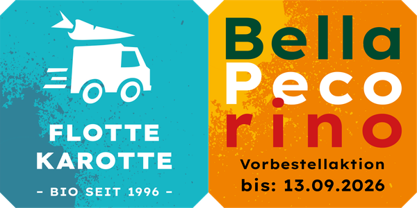 KI generiert: Links ein Lieferwagen mit "FLOTTE KAROTTE", rechts "Bella Pecorino Vorbestellaktion bis: 13.09.2026".