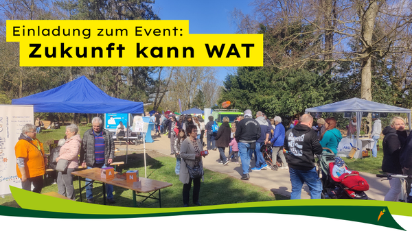 KI generiert: Eine Veranstaltung im Freien mit Ständen und Leuten. Text: "Einladung zum Event: Zukunft kann WAT".