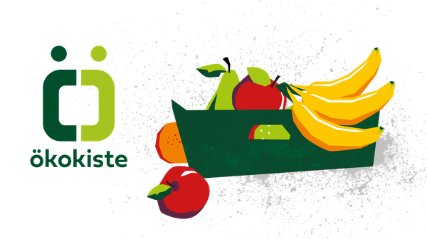 KI generiert: Illustration einer Obstkiste mit Bananen, Äpfeln, Birnen und Text: "ökokiste".