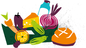 KI generiert: Buntes Gemälde von Lebensmitteln: Brot, Käse, Gemüse und Getränk in einer Kiste.