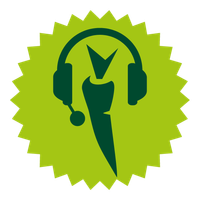 KI generiert: Ein grünes Karotten-Logo mit Kopfhörer und Mikrofon in einem gezackten Kreis.