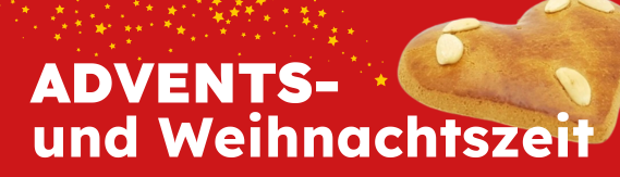 KI generiert: Roter Hintergrund mit Sternen, Gebäck und Text: "ADVENTS- und Weihnachtszeit".