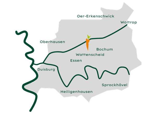 KI generiert: Karte mit Städtenamen, eine Karotte symbolisiert ein zentrales Element. Orte: Oberhausen, Bochum, Essen.