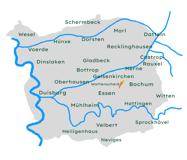 KI generiert: Karte des Ruhrgebiets mit Städten und blauen Flusslinien.