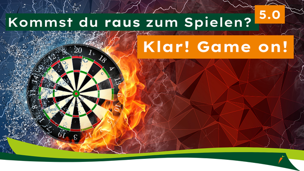 KI generiert: Ein Dartbrett umgeben von Wasser- und Feuereffekten. Text: "Kommst du raus zum Spielen? 5.0 Klar! Game on!"