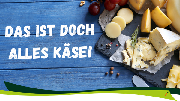 KI generiert: Das Bild zeigt eine Käseplatte mit verschiedenen Käsesorten auf einem blauen Untergrund. Links im Bild steht der Text "Das ist doch alles Käse!".