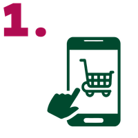 KI generiert: Bild zeigt eine Hand, die auf ein Einkaufswagen-Symbol auf einem Smartphone tippt. Links ist eine rote "1.".