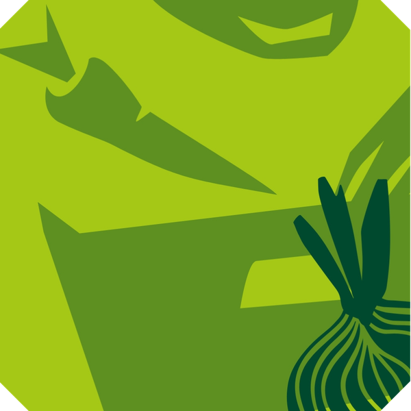 KI generiert: Illustration einer Person mit einem Kasten und Gemüse, stilisiert in Grüntönen.