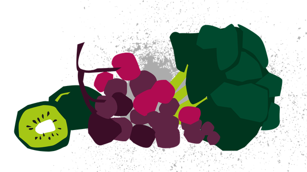 KI generiert: Illustration von Kiwis, Trauben und Rosenkohl.