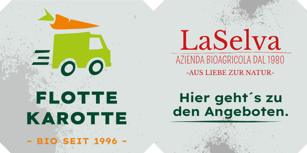 KI generiert: Grafik mit Logos von "Flotte Karotte" und "LaSelva". Text: "BIO SEIT 1996", "Hier geht´s zu den Angeboten."