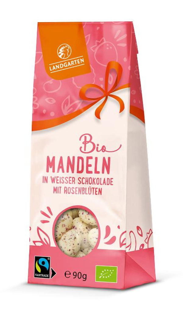 Produktfoto zu Mandeln in weißer Zitronen Schokolade Rosenblüte von Landgarten