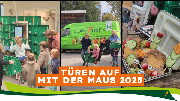 KI generiert: Grüne Lieferkisten, grüner Lieferwagen "Flotte Karotte", Brotdose mit Gemüse. Text: "TÜREN AUF MIT DER MAUS 2025".