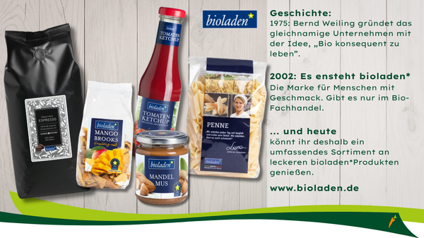KI generiert: Lebensmittelprodukte von bioladen mit Text zur Unternehmensgeschichte und Website: www.bioladen.de.