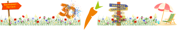 KI generiert: Sommerliche Motive mit Blumenwiese, Schildern und Text: "Sommerferien".