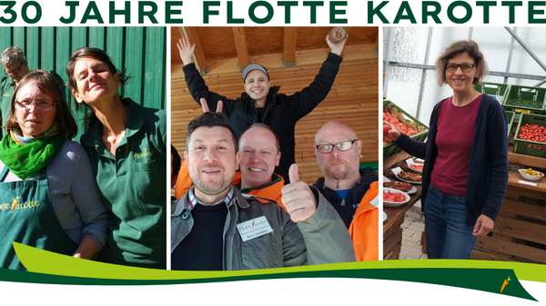 KI generiert: Gruppenfotos von Menschen mit Text: "30 Jahre Flotte Karotte".