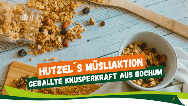 KI generiert: Ein umgekipptes Müsli-Glas und eine Schüssel. Text: "Hutzel's Müsliaktion - geballte Knusperkraft aus Bochum".