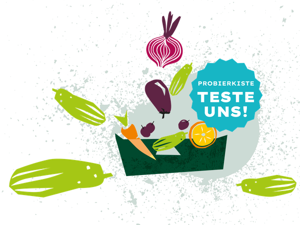 KI generiert: Buntes Gemüse verteilt auf grünem Hintergrund. Text: "PROBIERKISTE TESTE UNS!"