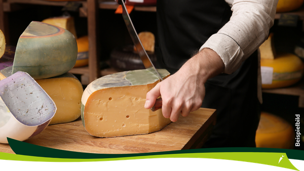 KI generiert: Ein Mann schneidet einen großen Käseblock mit einem Messer auf einem Holztisch. Im Hintergrund sind weitere Käseblöcke zu sehen.