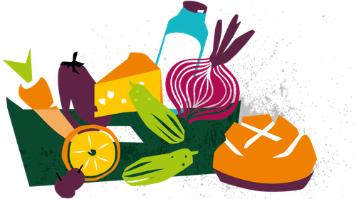 KI generiert: Verschiedene Lebensmittel: Brot, Käse, Gemüse und Saftflasche sind dargestellt.