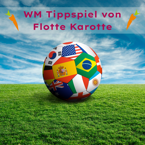 KI generiert: Ein Fußball mit Länderflaggen auf einem Feld. Text: "WM Tippspiel von Flotte Karotte".