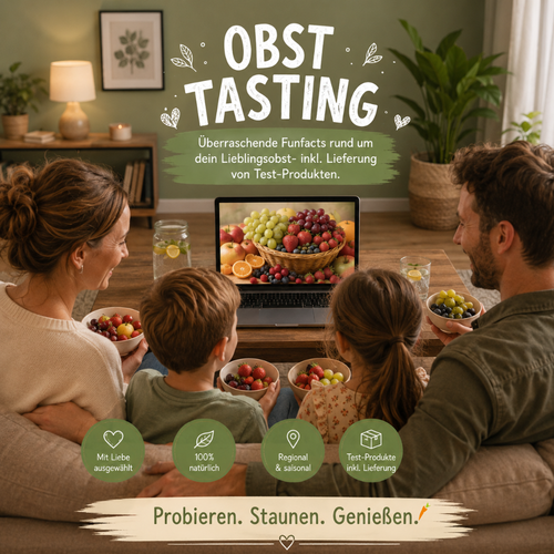 KI generiert: Familie genießt gemeinsam Obst vor einem Laptop. Text: "OBST TASTING", "Überraschende Funfacts rund um dein Lieblingsobst...".