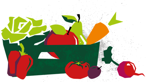 KI generiert: Illustration von Obst und Gemüse in einer grünen Kiste. Enthält keine Texte.