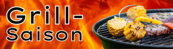 KI generiert: Grill mit Gemüse und Fleisch vor Flammen. Text: "Grill-Saison".