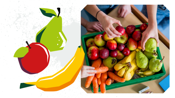 KI generiert: Ein Korb mit frischem Obst und Gemüse, um den mehrere Hände greifen. Links sind Frucht-Illustrationen.