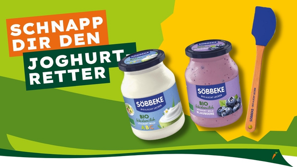 KI generiert: Zwei Gläser Bio-Joghurt und ein Spatel. Text: "SCHNAPP DIR DEN JOGHURT RETTER".