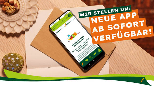 KI generiert: Ein Smartphone zeigt eine neue App. Text: "NEUE APP AB SOFORT VERFÜGBAR!"