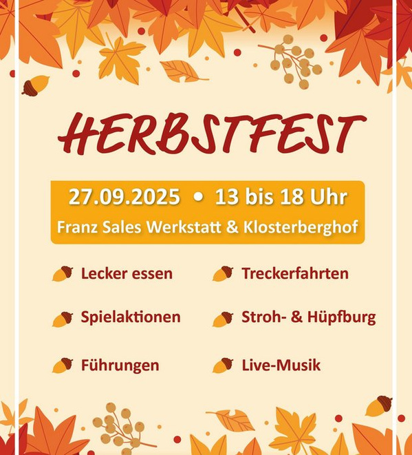 KI generiert: Herbstfest am 27.09.2025 von 13-18 Uhr. Essen, Spiele, Treckerfahrten, Hüpfburg, Führungen, Live-Musik.