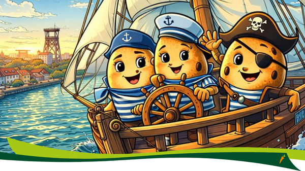 KI generiert: Drei fröhliche Kartoffelcharaktere als Matrosen und Pirat auf einem Segelschiff.
