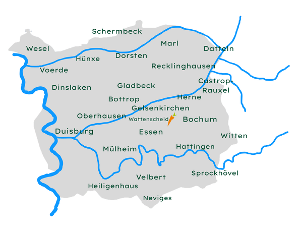 KI generiert: Karte einer Region mit Städtenamen in NRW, darunter Essen, Duisburg, Bochum und mehr. Flüsse sind blau markiert.