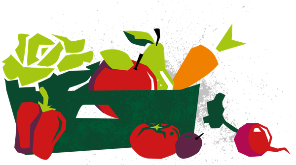 KI generiert: Bunter Obst- und Gemüsekasten mit Karotte, Apfel, Birne, Tomate und Paprika.