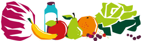 KI generiert: Buntes Obst und Gemüse, eine Flasche, rote Beeren, Blätter.