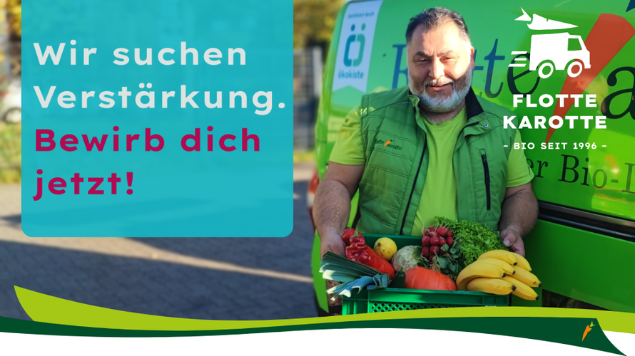 KI generiert: Ein Mann hält einen Korb mit Gemüse vor einem grünen Lieferwagen. Text: "Wir suchen Verstärkung. Bewirb dich jetzt!"