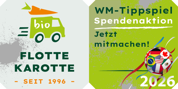 KI generiert: Das Bild wirbt für das "Bio Flotte Karotte" Unternehmen und eine WM-Tippspiel-Spendenaktion 2026.