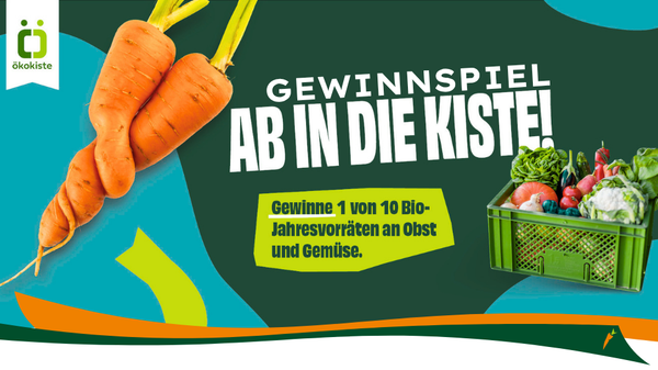 KI generiert: Hauptinhalt: Gewinnspiel für Bio-Jahresvorräte an Obst und Gemüse. Text: "GEWINNSPIEL AB IN DIE KISTE! Gewinne 1 von 10 Bio-Jahresvorräten an Obst und Gemüse."