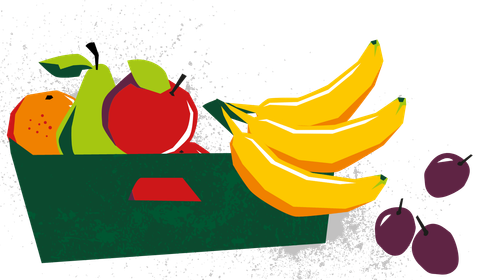 KI generiert: Ein Korb mit Bananen, Äpfeln, Birnen und Pflaumen.