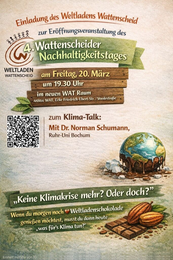 KI generiert: Einladung zum Klimatag mit Dr. Norman Schumann in Wattenscheid am 20. März. Thema: "Keine Klimakrise mehr? Oder doch?"