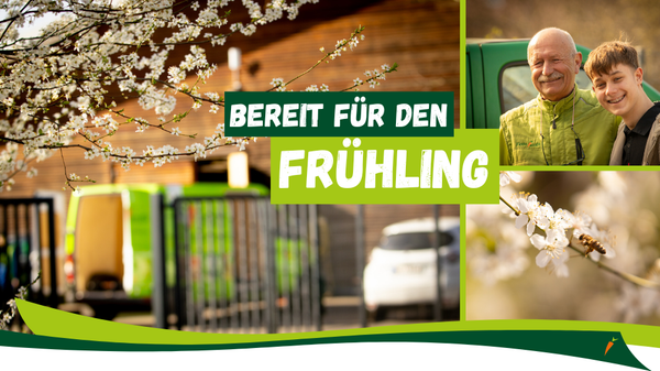 KI generiert: Blühende Bäume, fröhliche Personen; Text: "BEREIT FÜR DEN FRÜHLING".