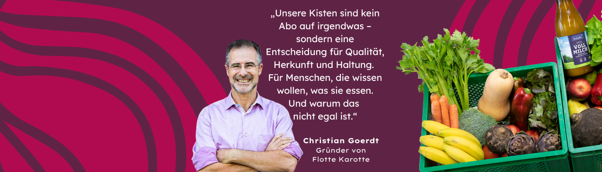 KI generiert: Ein Mann neben einem Zitat über Lebensmittelqualität und eine Gemüsekiste. Text: „Unsere Kisten sind kein Abo..."