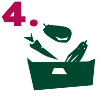 KI generiert: Eine grüne Gemüsekiste mit Karotte, Gurke und Aubergine. Oben links eine rote Zahl "4."