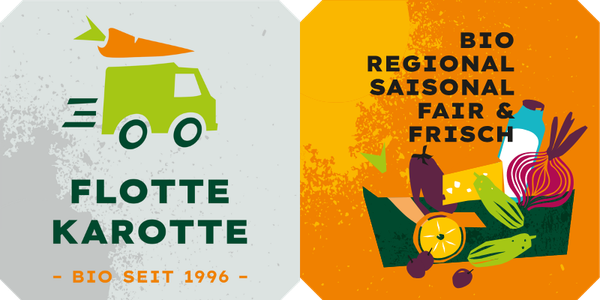 KI generiert: Links: Grüner Lieferwagen mit Karotte, "FLOTTE KAROTTE - BIO SEIT 1996". Rechts: Gemüse in Kiste, Text: "BIO REGIONAL SAISONAL FAIR & FRISCH".