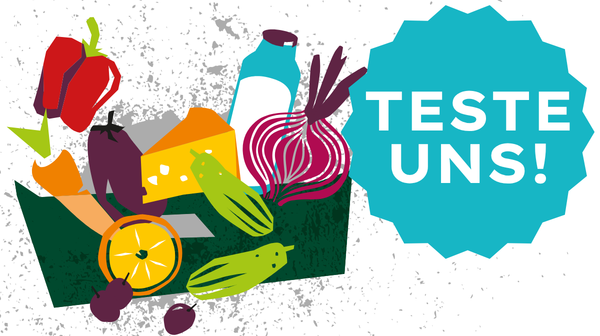 KI generiert: Kiste mit Gemüse, Käse und Getränk; daneben ein Text: "TESTE UNS!"