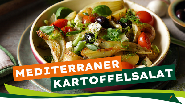 KI generiert: Ein mediterraner Kartoffelsalat in einer Schüssel. Text: "MEDITERRANER KARTOFFELSALAT".